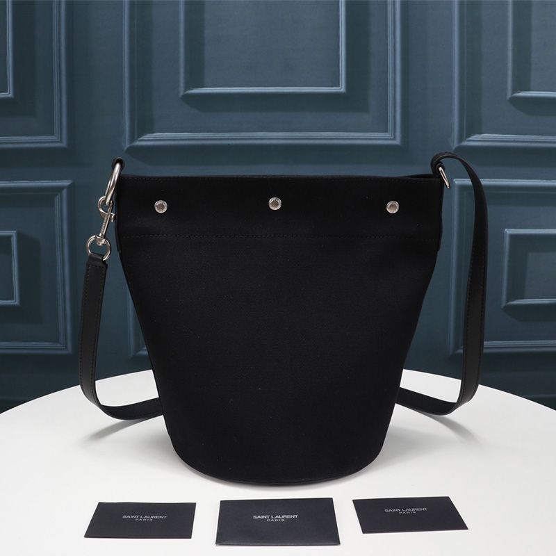 Saint Laurent Rive Gauche Bucket Bag In Linen And Leather Black