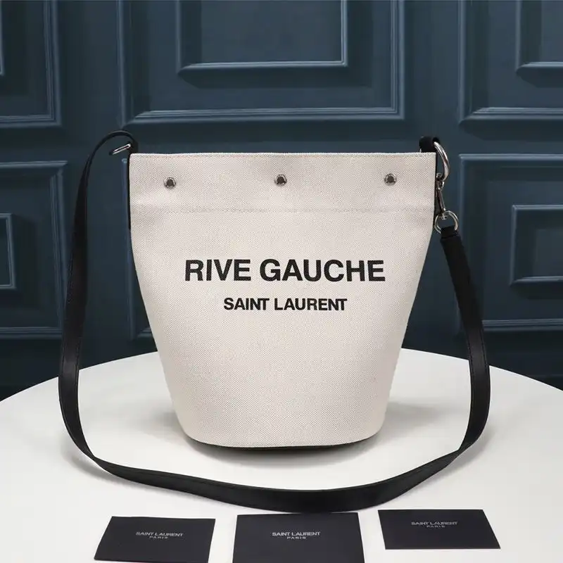 Saint Laurent Rive Gauche Bucket Bag In Linen And Leather White