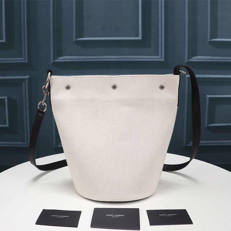 Saint Laurent Rive Gauche Bucket Bag In Linen And Leather White