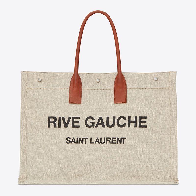 Saint Laurent Rive Gauche Tote In Linen And Leather Beige