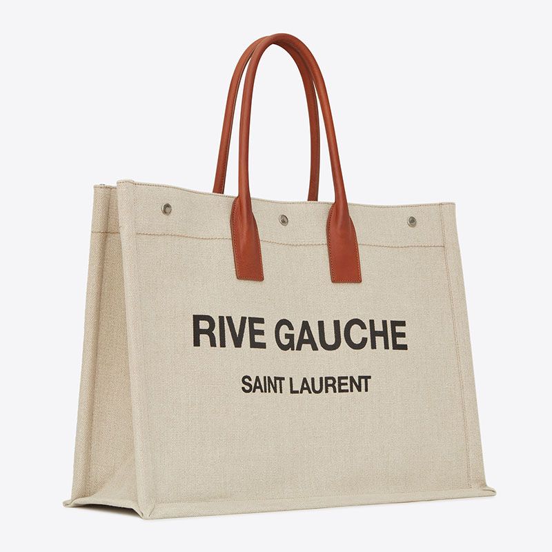 Saint Laurent Rive Gauche Tote In Linen And Leather Beige