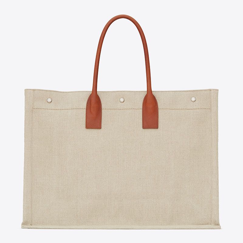 Saint Laurent Rive Gauche Tote In Linen And Leather Beige