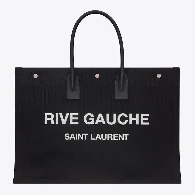 Saint Laurent Rive Gauche Tote In Linen And Leather Black