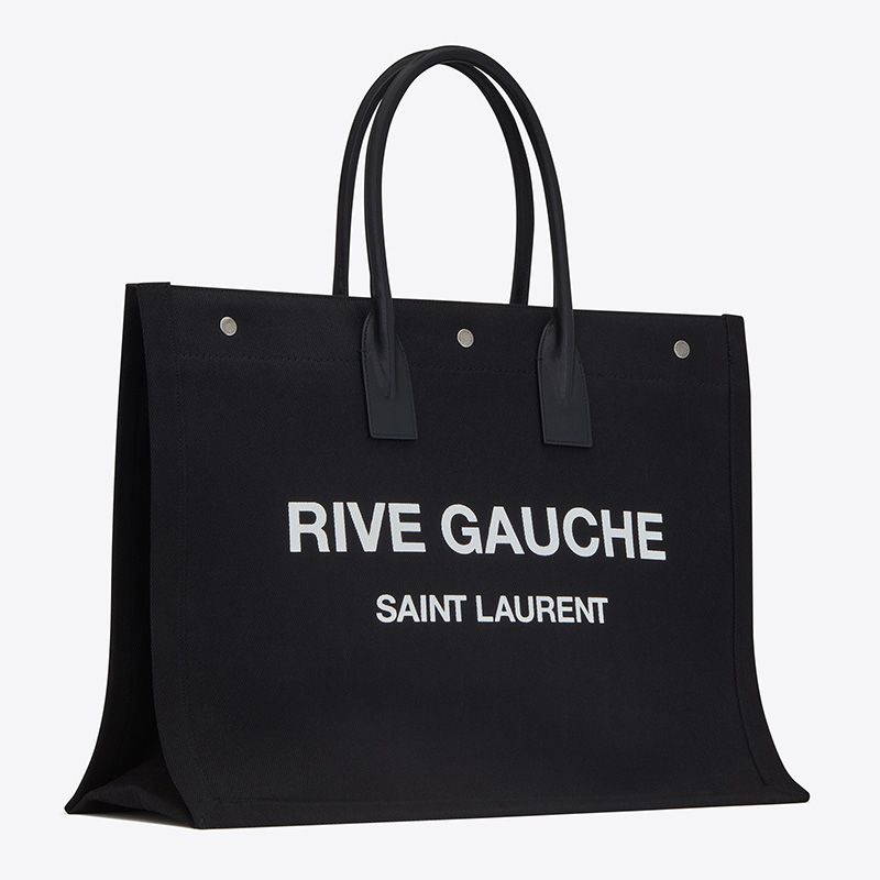 Saint Laurent Rive Gauche Tote In Linen And Leather Black