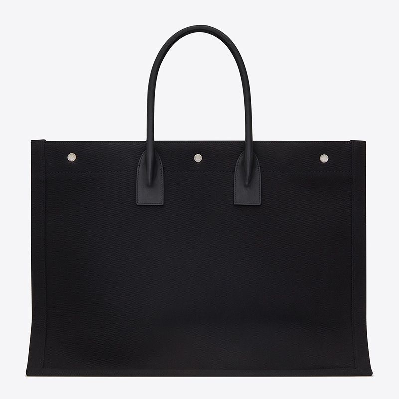 Saint Laurent Rive Gauche Tote In Linen And Leather Black