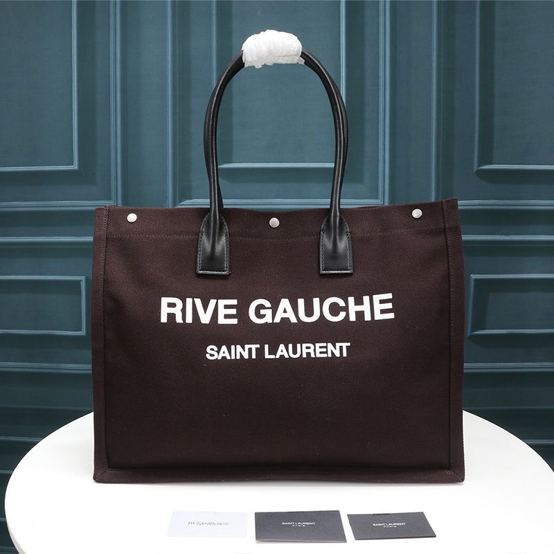 Saint Laurent Rive Gauche Tote In Linen And Leather Burgundy