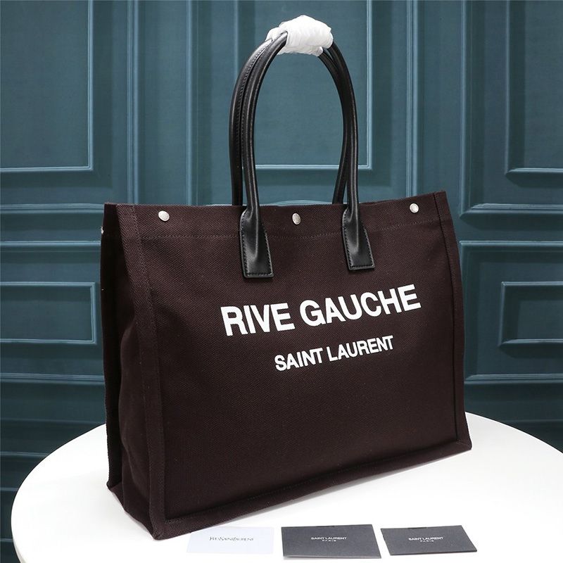 Saint Laurent Rive Gauche Tote In Linen And Leather Burgundy