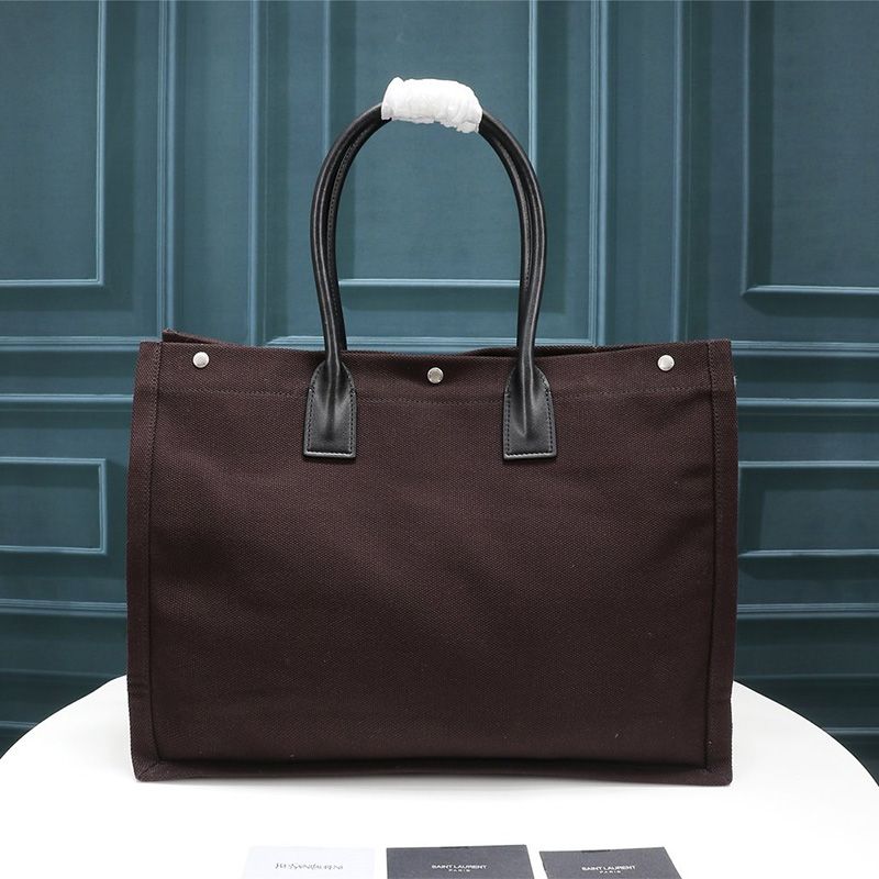 Saint Laurent Rive Gauche Tote In Linen And Leather Burgundy