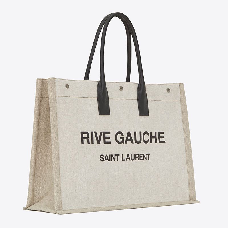 Saint Laurent Rive Gauche Tote In Linen And Leather White