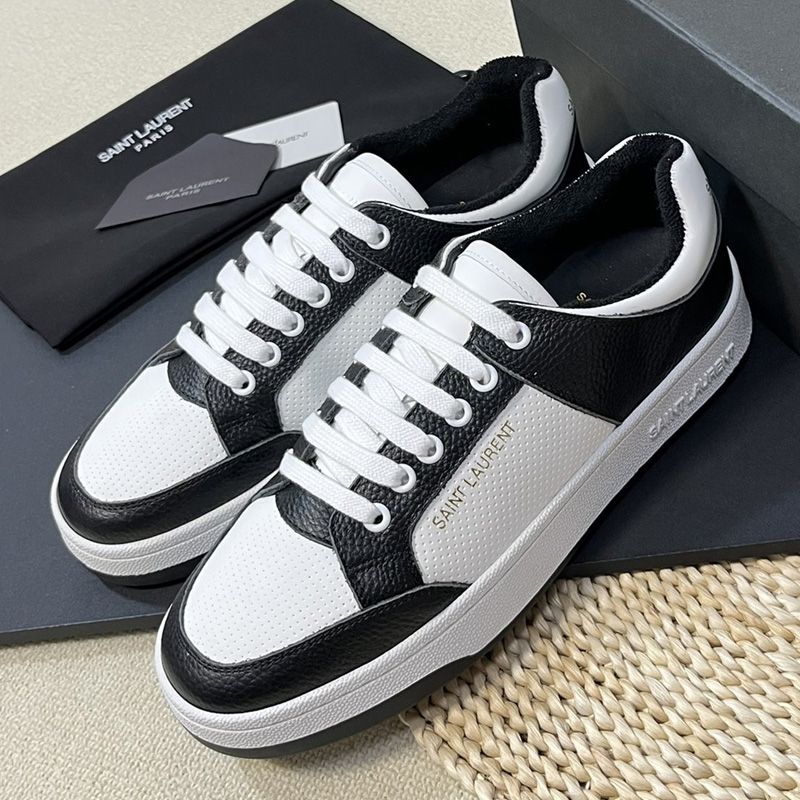 Saint Laurent SL 61 Low-Top Sneakers Unisex Perforated and Grained Leather Black White