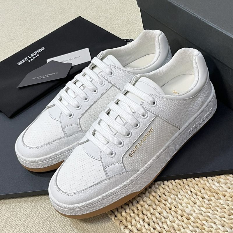 Saint Laurent SL 61 Low-Top Sneakers Unisex Perforated and Grained Leather White Brown