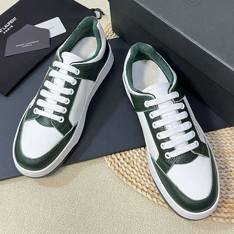 Saint Laurent SL 61 Low-Top Sneakers Unisex Perforated and Grained Leather White Green