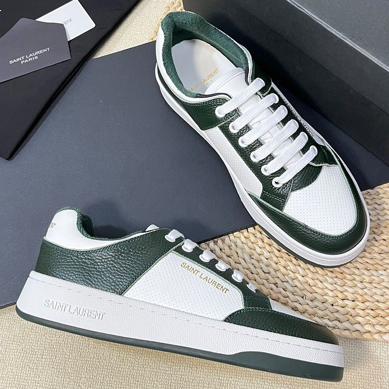 Saint Laurent SL 61 Low-Top Sneakers Unisex Perforated and Grained Leather White Green