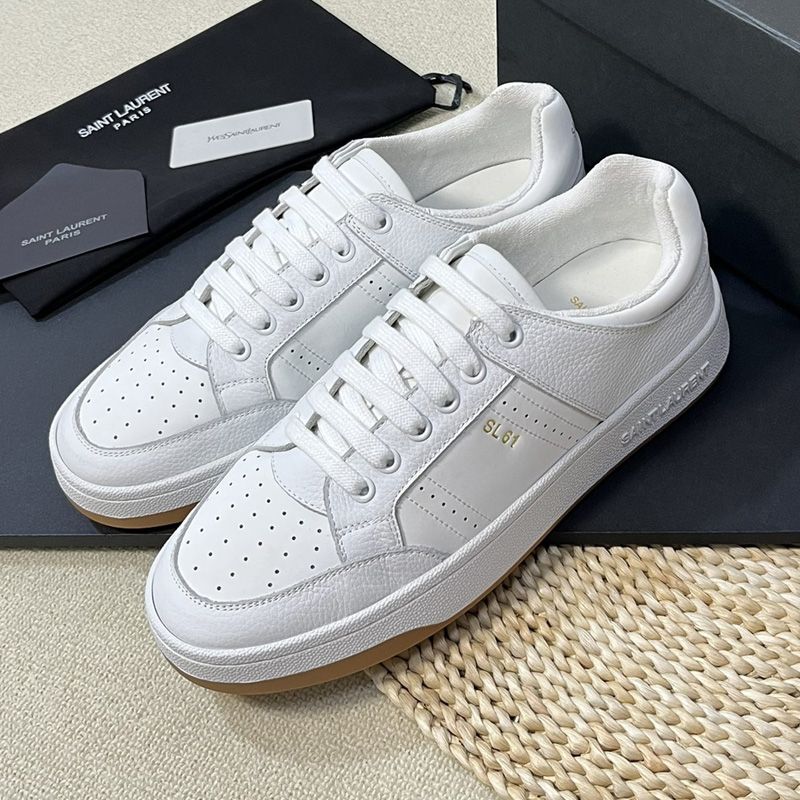 Saint Laurent SL 61 Low-Top Sneakers Unisex Smooth and Grained Leather White Brown