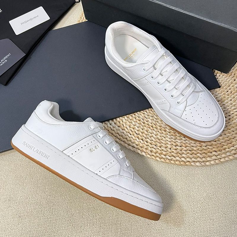 Saint Laurent SL 61 Low-Top Sneakers Unisex Smooth and Grained Leather White Brown