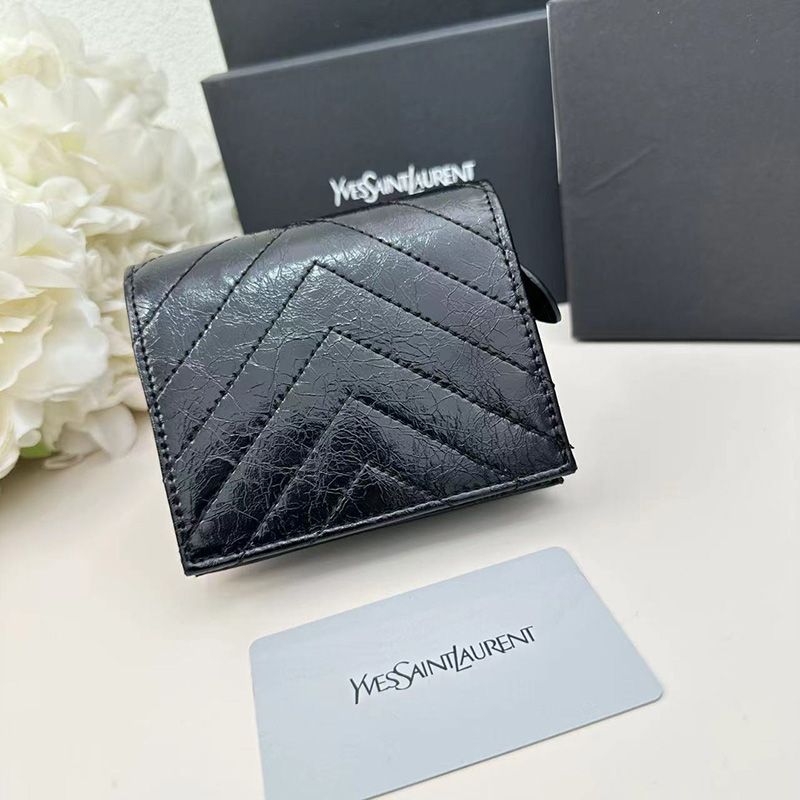 Saint Laurent Small Cassandra Bifold Wallet In Crinkled Matelasse Leather Black