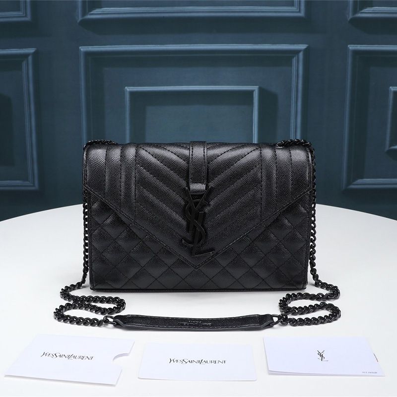 Saint Laurent Small Envelope Chain Bag In Mixed Grained Matelasse Leather Black