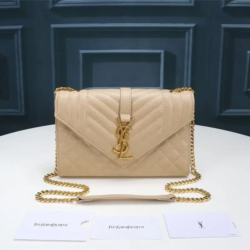 Saint Laurent Small Envelope Chain Bag In Mixed Grained Matelasse Leather Apricot Gold