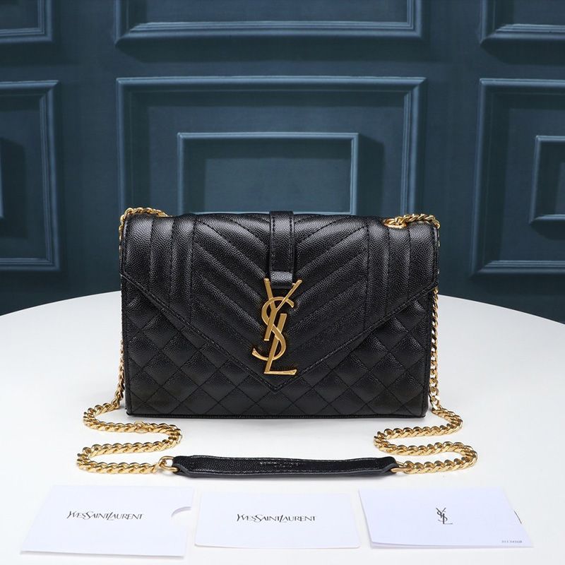 Saint Laurent Small Envelope Chain Bag In Mixed Grained Matelasse Leather Black Gold