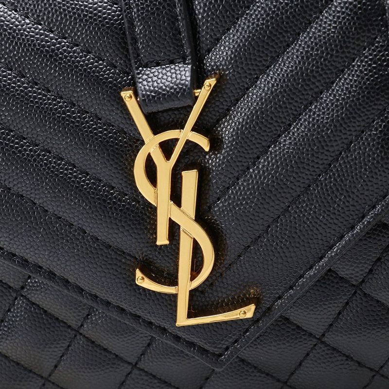 Saint Laurent Small Envelope Chain Bag In Mixed Grained Matelasse Leather Black Gold