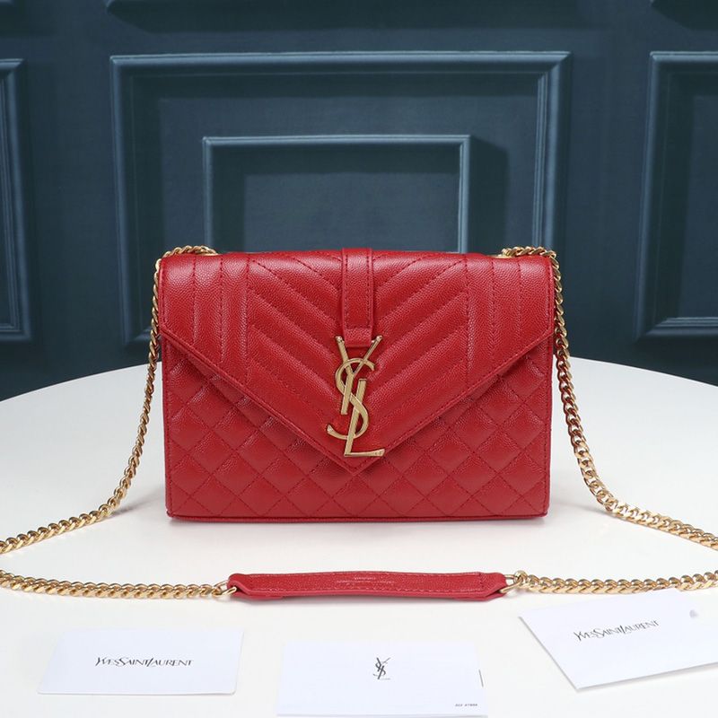 Saint Laurent Small Envelope Chain Bag In Mixed Grained Matelasse Leather Red Gold