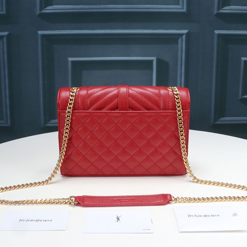 Saint Laurent Small Envelope Chain Bag In Mixed Grained Matelasse Leather Red Gold