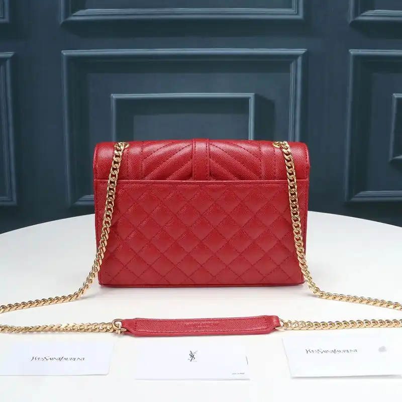 Cheap Saint Laurent Small Envelope Chain Bag In Mixed Grained Matelasse Leather Red Gold