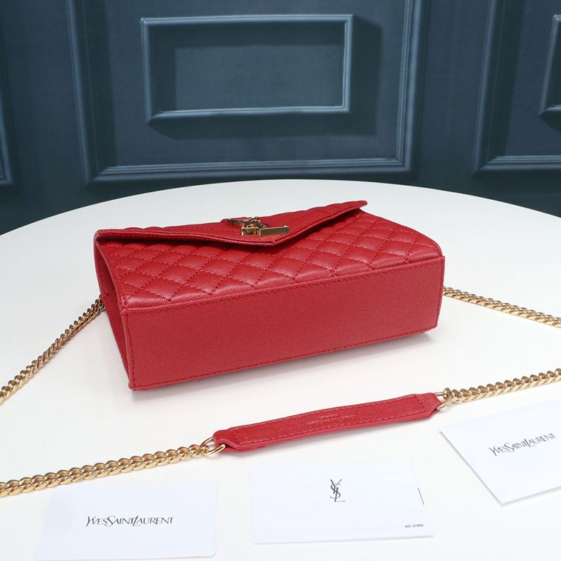 Saint Laurent Small Envelope Chain Bag In Mixed Grained Matelasse Leather Red Gold