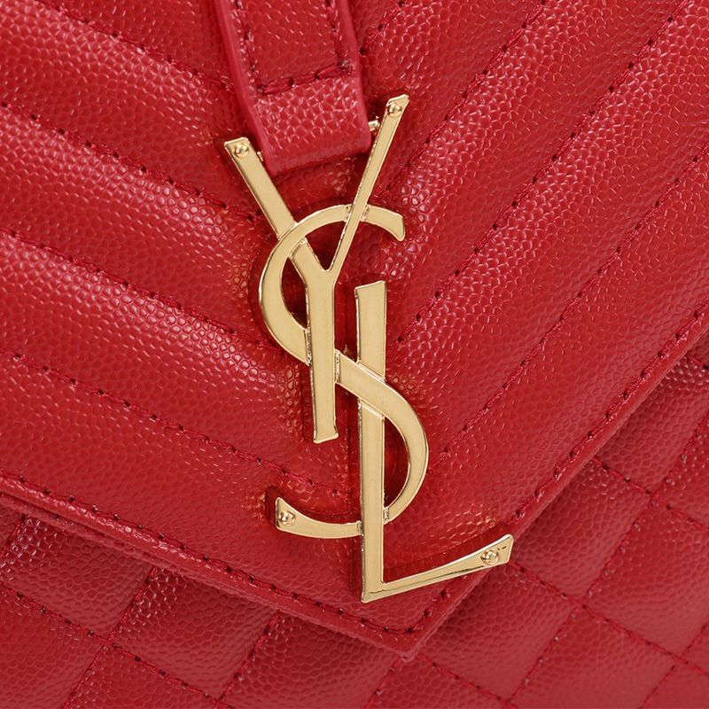 Saint Laurent Small Envelope Chain Bag In Mixed Grained Matelasse Leather Red Gold