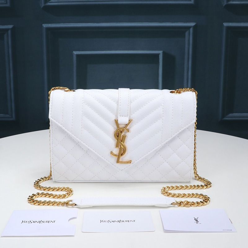 Saint Laurent Small Envelope Chain Bag In Mixed Grained Matelasse Leather White Gold