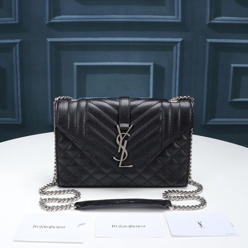 Saint Laurent Small Envelope Chain Bag In Mixed Grained Matelasse Leather Black Silver