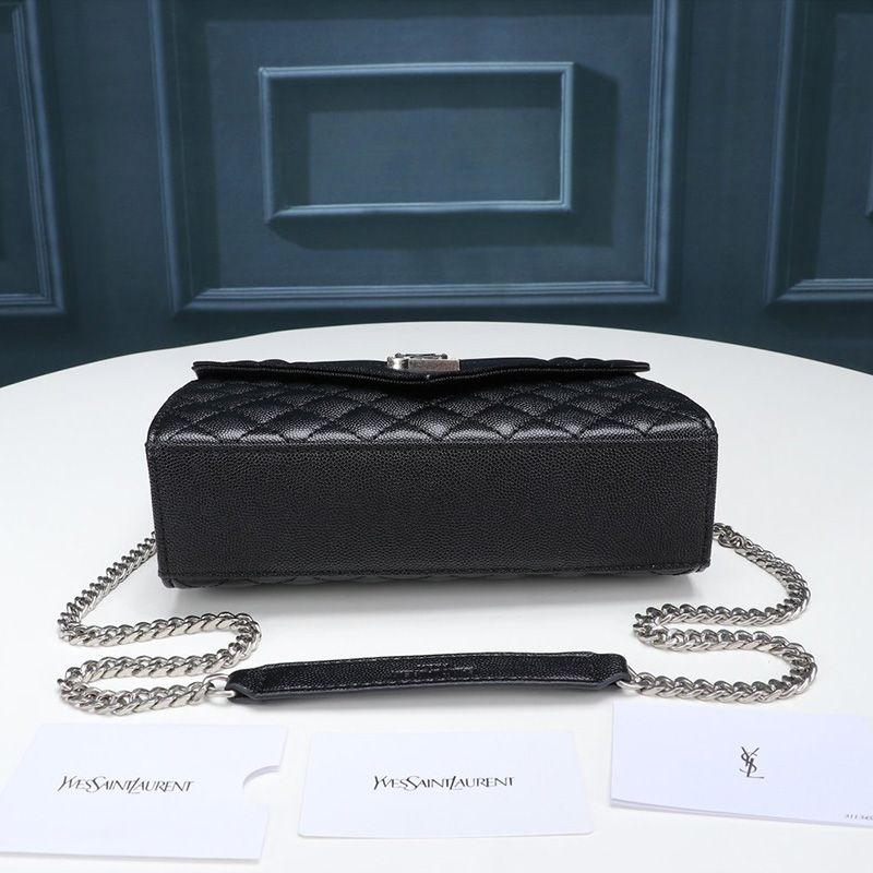 Saint Laurent Small Envelope Chain Bag In Mixed Grained Matelasse Leather Black Silver