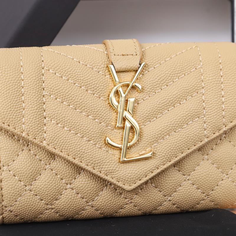 Saint Laurent Small Envelope Flap Wallet In Mixed Grained Matelasse Leather Apricot Gold