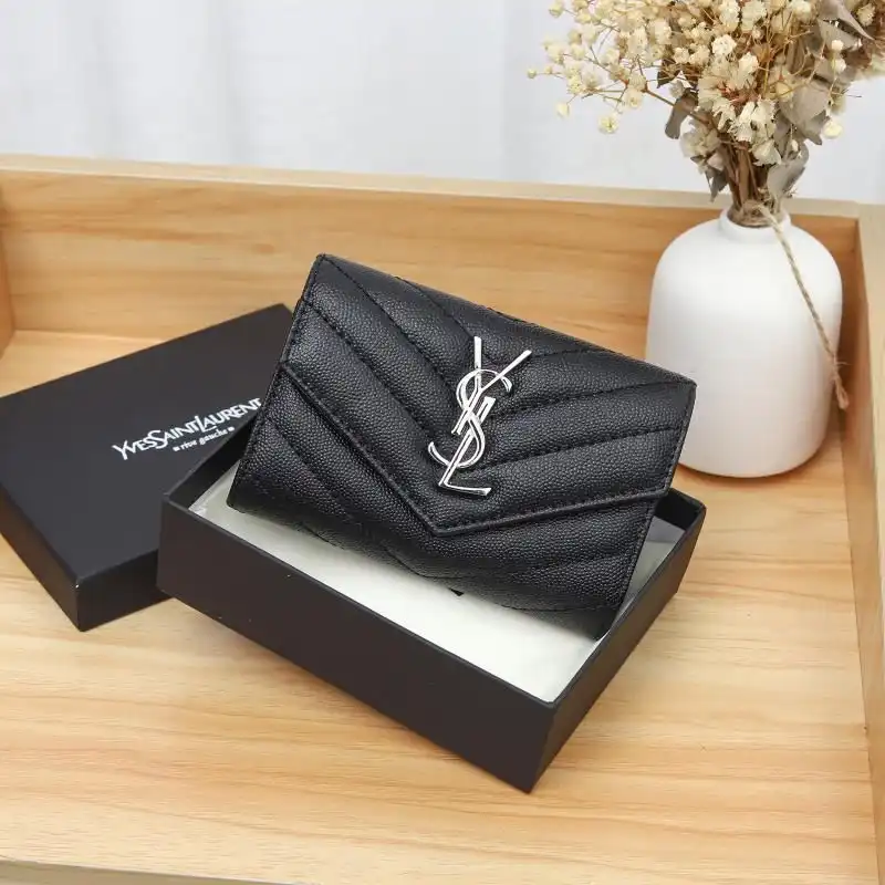 Saint Laurent Small Envelope Flap Wallet In Grained Matelasse Leather Black Silver