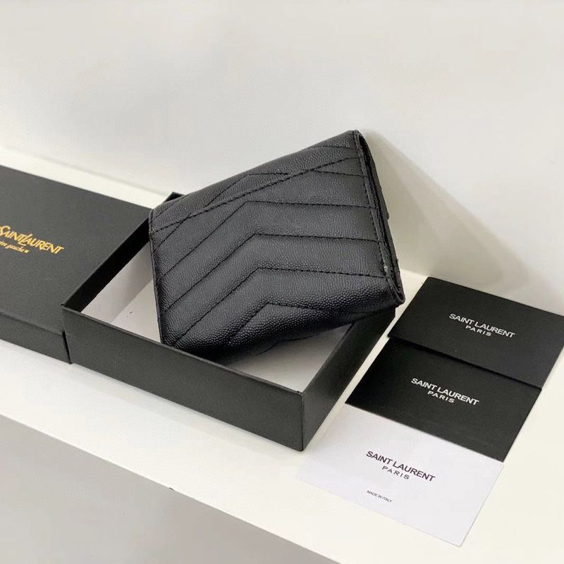 Saint Laurent Small Envelope Trifold Wallet In Grained Matelasse Leather Black