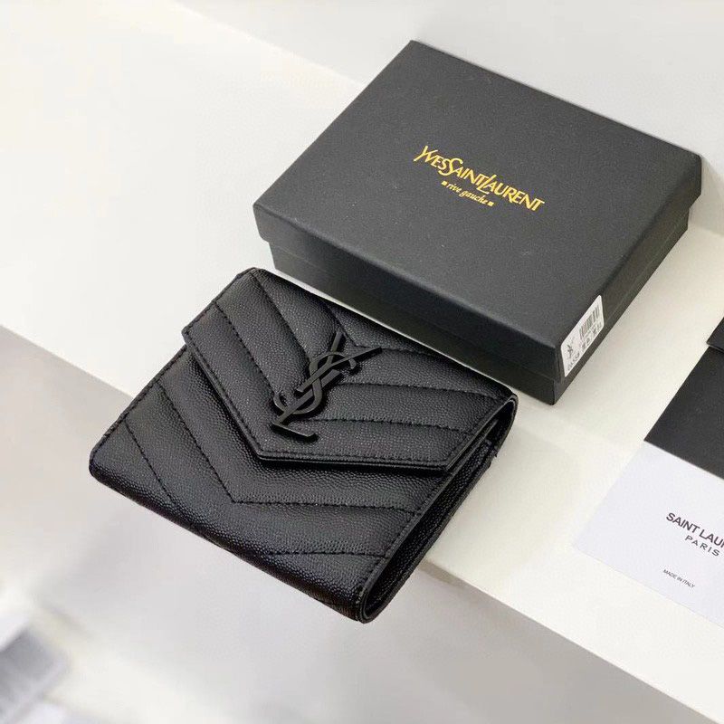 Saint Laurent Small Envelope Trifold Wallet In Grained Matelasse Leather Black