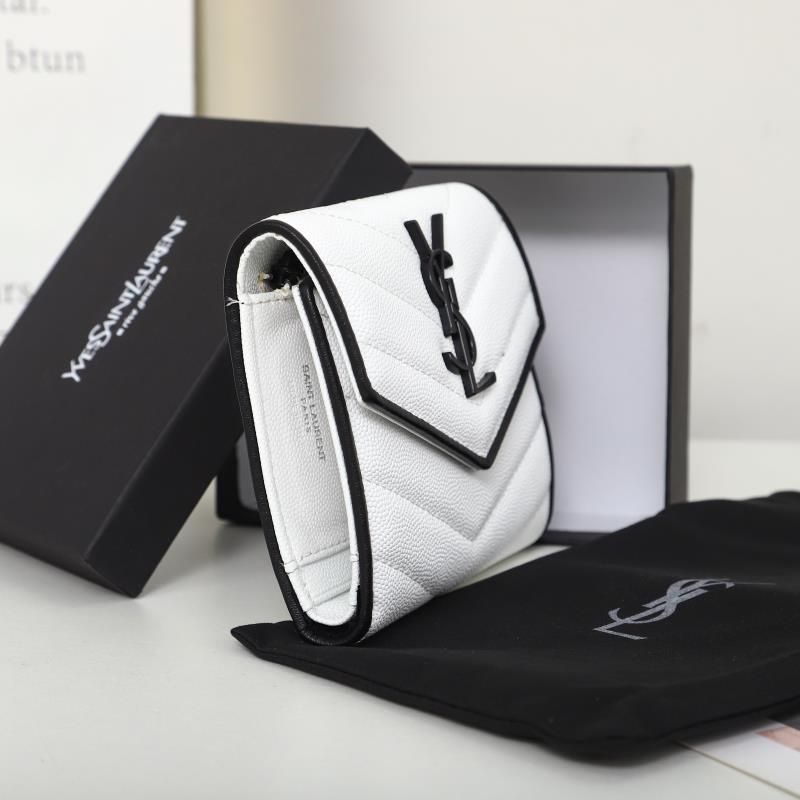 Saint Laurent Small Envelope Trifold Wallet In Mixed Grained Matelasse Leather White Black