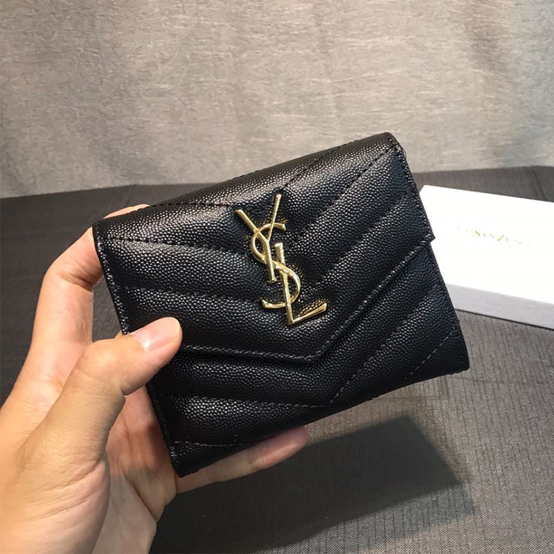 Saint Laurent Small Envelope Trifold Wallet In Grained Matelasse Leather Black Gold