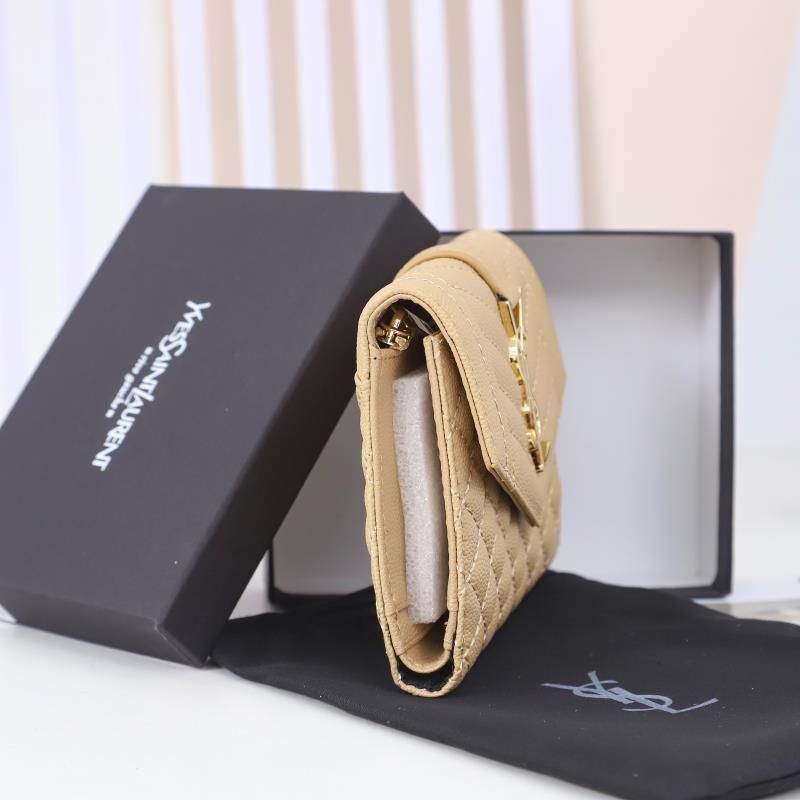 Saint Laurent Small Envelope Trifold Wallet In Mixed Grained Matelasse Leather Apricot Gold