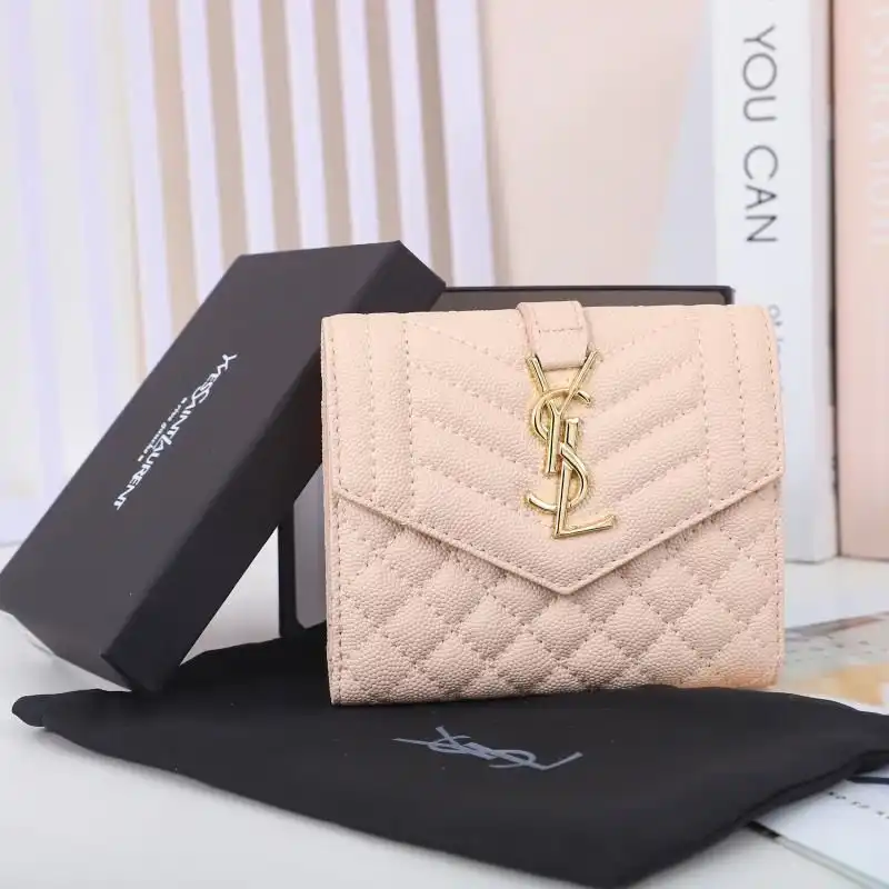 Saint Laurent Small Envelope Trifold Wallet In Mixed Grained Matelasse Leather Pink Gold