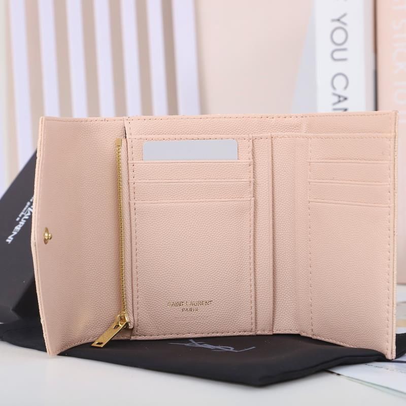 Saint Laurent Small Envelope Trifold Wallet In Mixed Grained Matelasse Leather Pink Gold