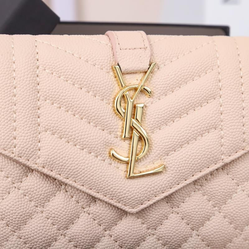 Saint Laurent Small Envelope Trifold Wallet In Mixed Grained Matelasse Leather Pink Gold