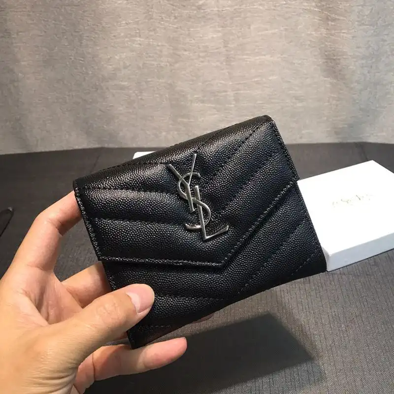 Saint Laurent Small Envelope Trifold Wallet In Grained Matelasse Leather Black Silver