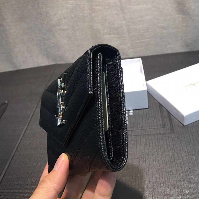 Saint Laurent Small Envelope Trifold Wallet In Grained Matelasse Leather Black Silver