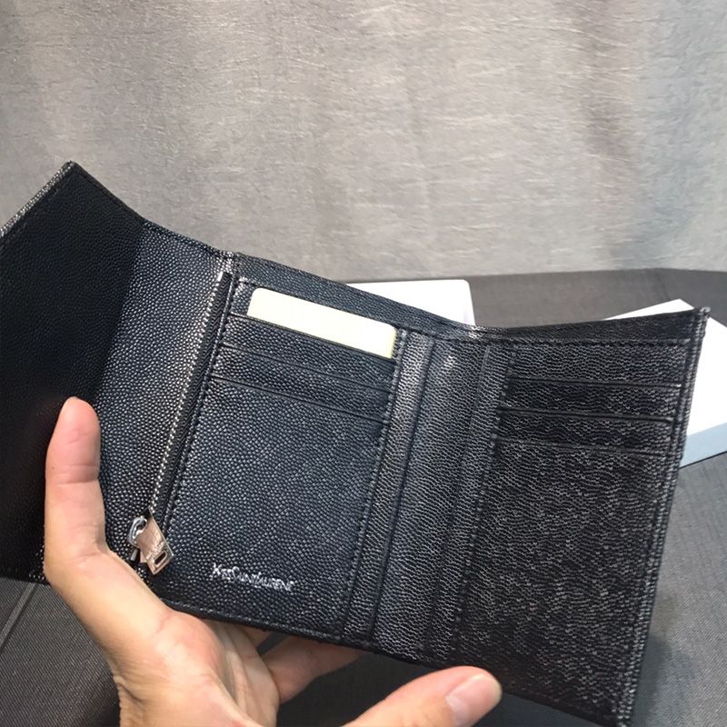 Saint Laurent Small Envelope Trifold Wallet In Grained Matelasse Leather Black Silver