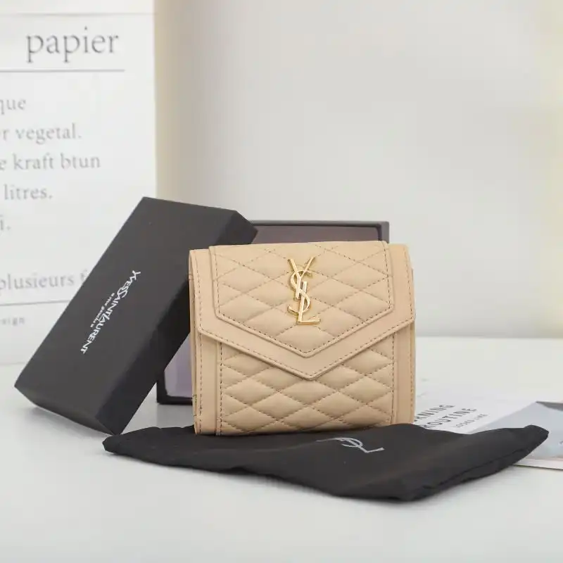 Saint Laurent Small Gaby Trifold Wallet In Quilted Lambskin Apricot Gold