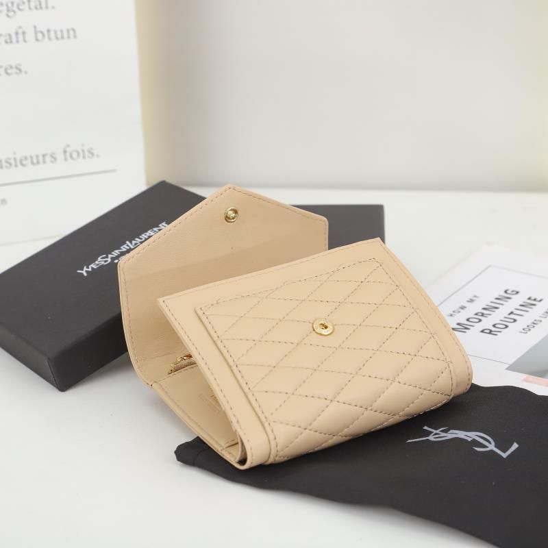 Saint Laurent Small Gaby Trifold Wallet In Quilted Lambskin Apricot Gold