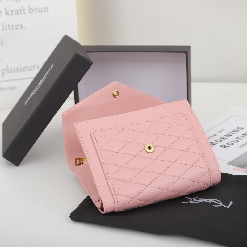 Saint Laurent Small Gaby Trifold Wallet In Quilted Lambskin Pink Gold