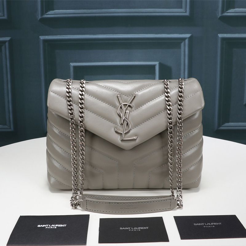 Saint Laurent Small Loulou Chain Bag In Y Matelasse Leather Grey Silver