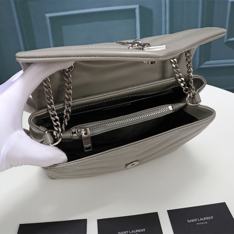 Saint Laurent Small Loulou Chain Bag In Y Matelasse Leather Grey Silver